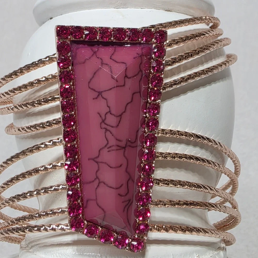 Rose Gold Tone Multi Strand Cuff Bangle Bracelet Pink Stone Rhinestone‎ Accent